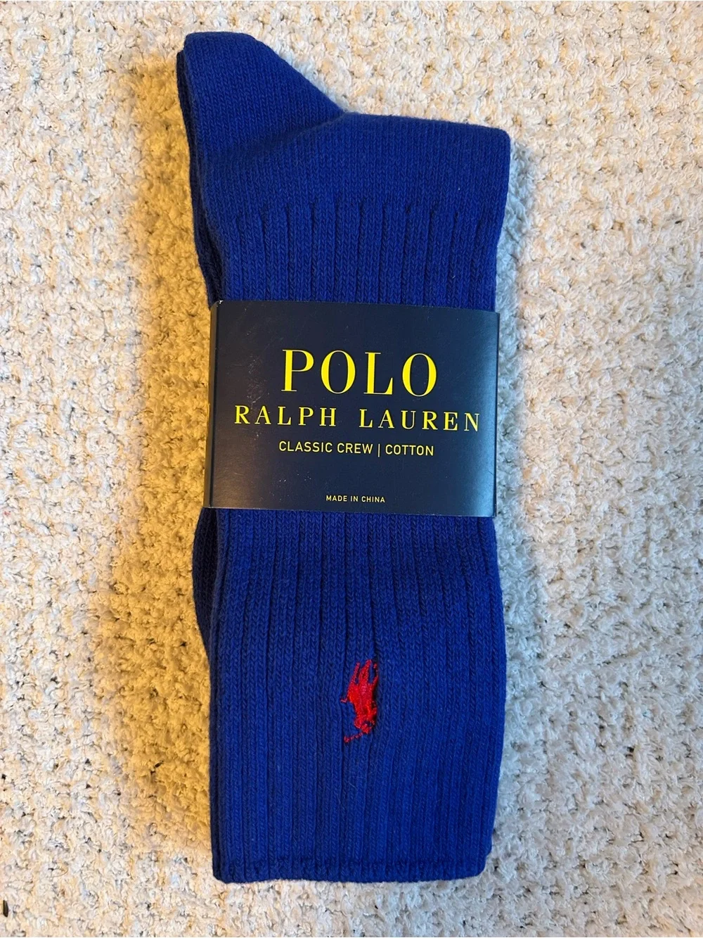 NWT Polo Ralph Lauren Blue Men's Single Classic Crew Socks with Red polo